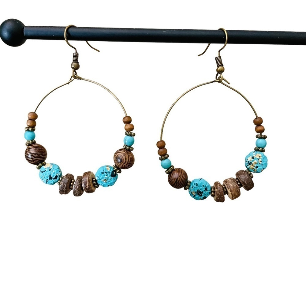 Bohemian Ethnic Brown & Turquoise Wooden Round Hoop Earrings